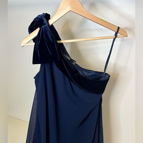 NWT-Lauren Ralph Lauren-Chiffon One-Shoulder Dress- Sz 6 Navy - Picture 3 of 5